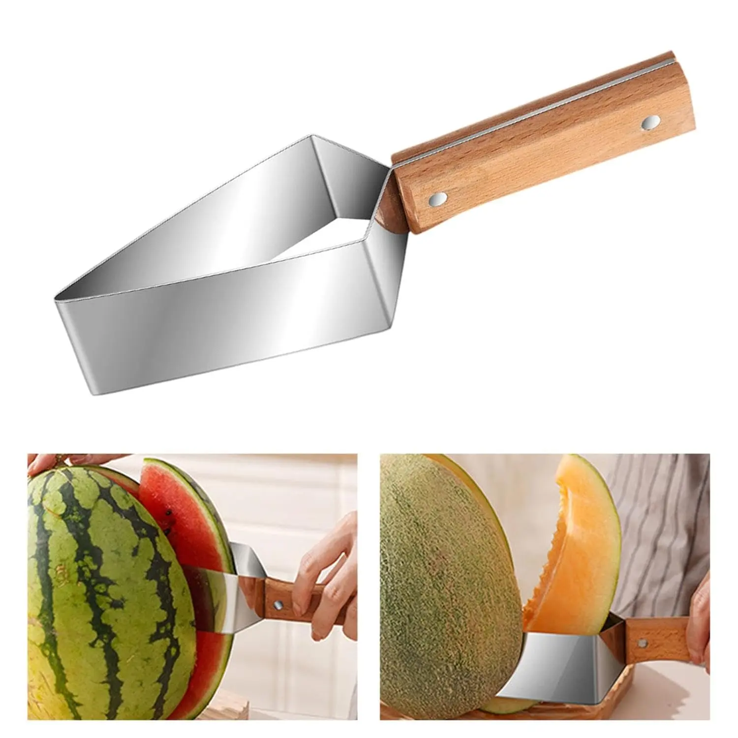 1PCS Stainless Steel Watermelon Cutter with Wooden Handle – Portable Durable Fruit Tool, Easy-Grip Kitchen Utensil for Quick Neat Cutting, Perfect for Watermelon, Pineapple & Large Fruits, Essential for Parties & Daily Use, Dishwasher Safe