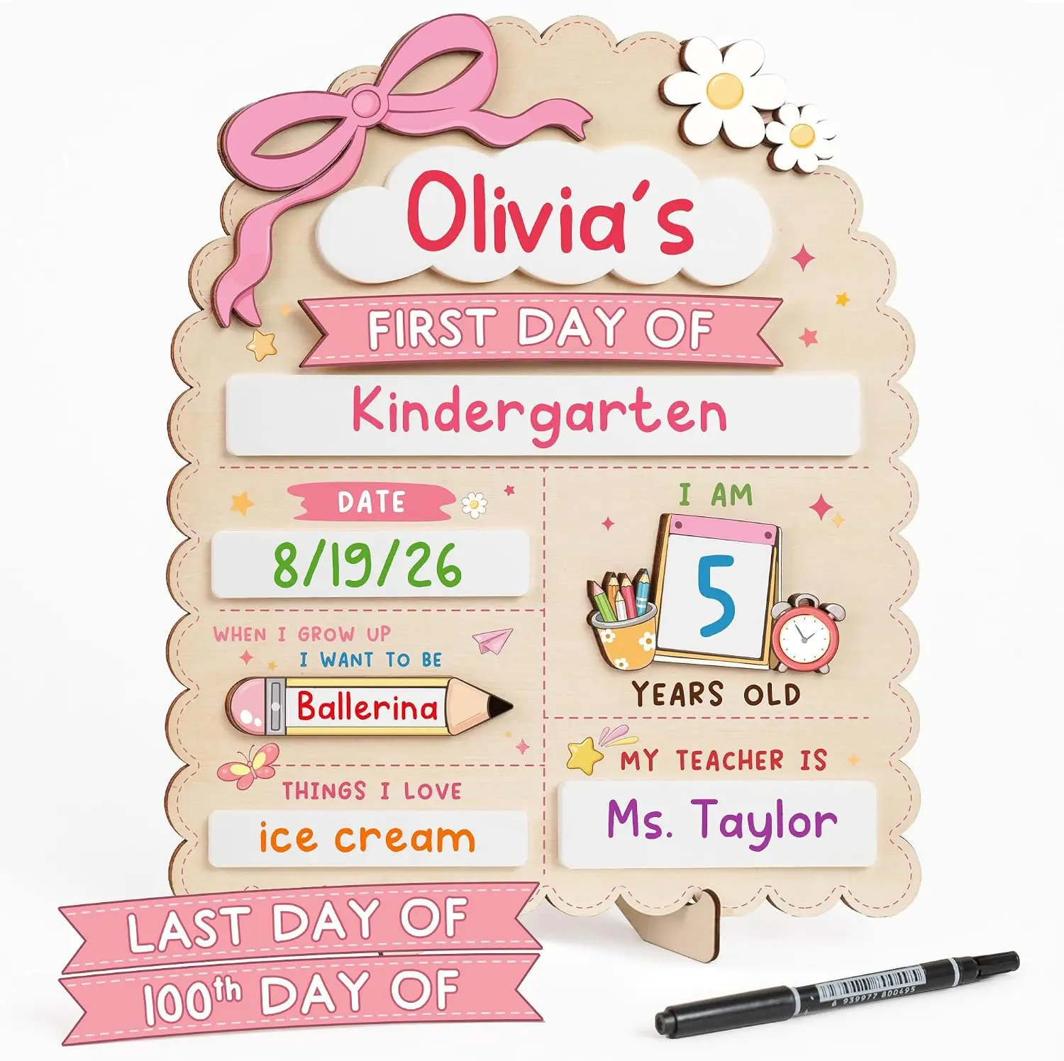 My First Day of School Sign 12"x10", First and Last Day of School Board with Marker, Reusable Back to Class Wooden Chalkboard for Preschool, Pre-K, and Kindergarten, Easy to Write & Clean Board