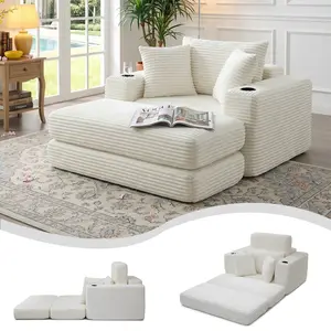 Eyisean 52" Corduroy Boneless Chaise Lounge Indoor, 3-in-1 Oversized Cloud Modern Folding Sofa Bed with Ottoman & Cup Holders, Fluffy Comfy Single Reading Chair for Living Room Bedroom, No Assembly Required