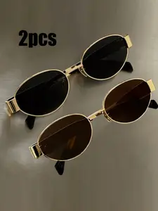 2pc Unisex Retro Oval Metal Fashion Glasses, Classic Style Outdoor Travel Beach Vacation Casual Daily Wear, Driving Eyewear