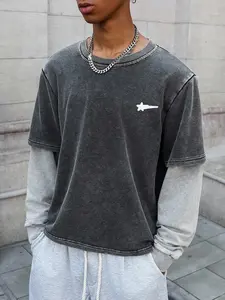 Men's Street Style Patchwork Long Sleeve Shirt, Unique Mixed Fashion Design, Trendy Two-Piece for Casual Wear