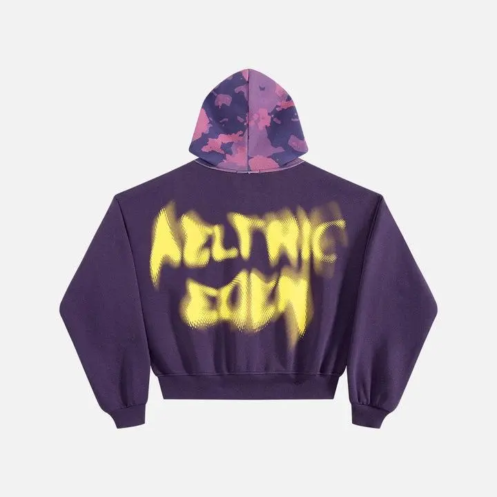 Aelfric Eden Boxy CAMO Hood Zip Up Hoodie Oversized Boxy Cropped Fit Camo Hood Blurred Gradient Back Print Full Zip Closure Soft Fabric Retro Streetwear Unisex Top