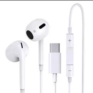 White Earbuds with USB-C Charging Cable and Volume Control for Audio Devices