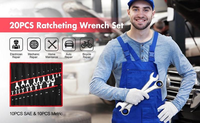 【Restock Sale】GARVEE Ratcheting Wrench Set 20 PCS SAE 1/4"-3/4", Metric 6-19mm, Flex Head 72-Tooth, Chrome Vanadium Steel, Includes Storage Bag