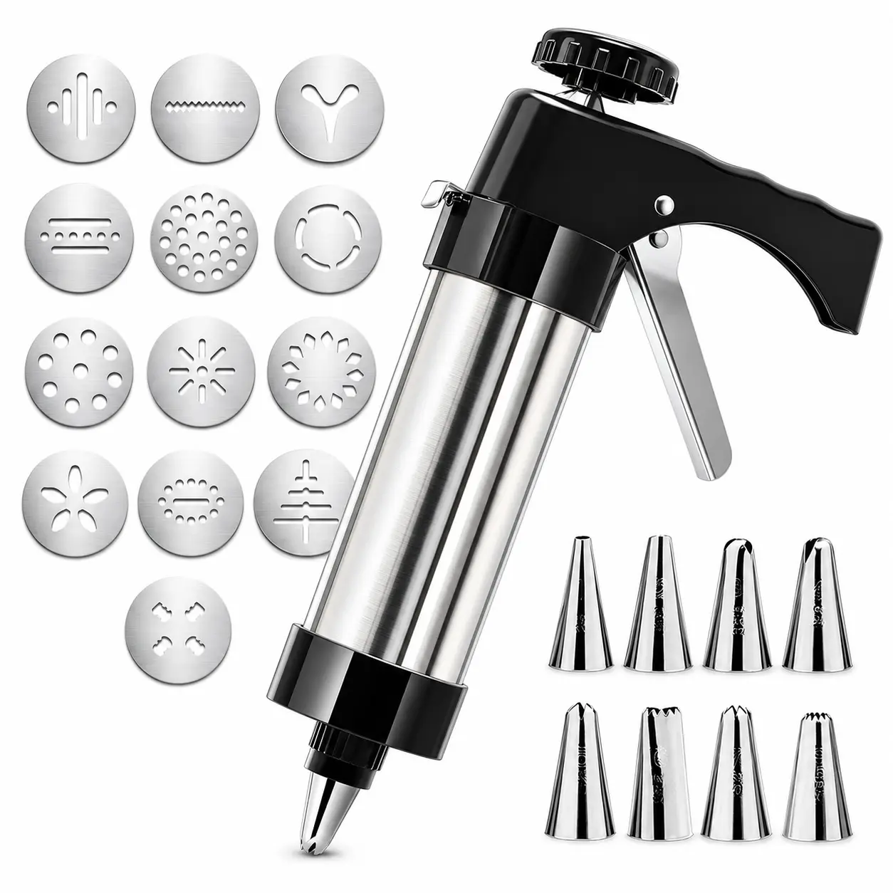 Stainless Steel Cookie Press Kit for Family | 13 Discs 8 Tips | Fun DIY Baking Tool for Kids Party Churro Cake Decorating