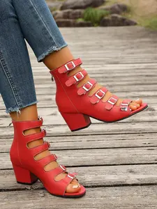 Women's Hollow Out Roman Style Chunky Heel Sandals, Summer Outdoor Vintage Retro Buckle High Heel Boots, Casual PU Leather Rubber Sole, Bohemian Style Sandals