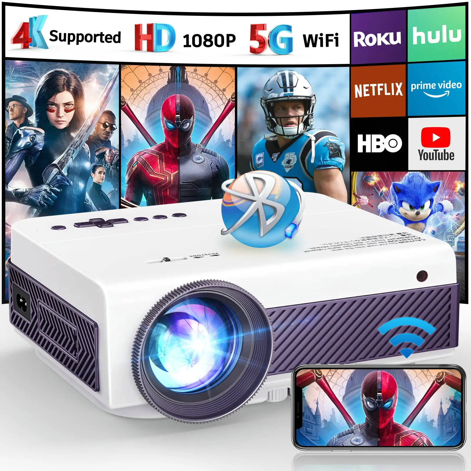 Projector with WiFi and Bluetooth, FUDONI 5G WiFi Native 1080P Outdoor Projector 15000L Support 4K, Portable Movie Projector with Keystone & Zoom, for iOS/Android/Laptop/TV Stick/HDMI/USB/VGA/TF, Audio, Speaker