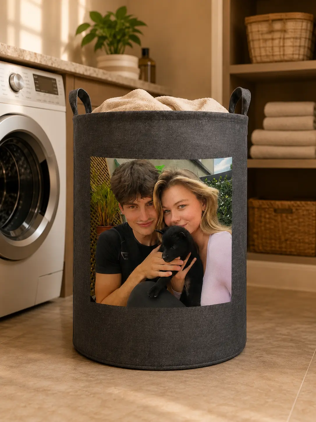 Custom Foldable Polyester Round Laundry Basket with Customizable Patterns - Ideal for Bathrooms, Closets, Cars - Stores Clothes, Toys, Books & More
