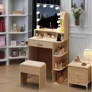 Linor Small Makeup Vanity Desk with Mirror and Lights, 26.4 Small Vanity for Small Space with Stool and Charging Station, Compact Vanity with 3 Color Lighting Modes (White)