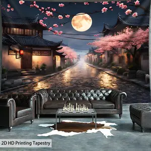 1pc Ultra Large Cherry Blossom Moonlit Night Scene Tapestry - HD Printed Polyester Fabric Wall Art with Free Hanging Clips, Serene Asian Town Landscape for Living Room, Bedroom, Office & Party Decor, Decorative Gift, Durable Decor, Smooth Texture, Home De