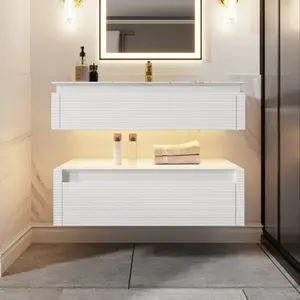 Segeo 36" Modern Solid Oak Floating Bathroom Vanity Cabinet White with Lights and Artificial Atone Countertop