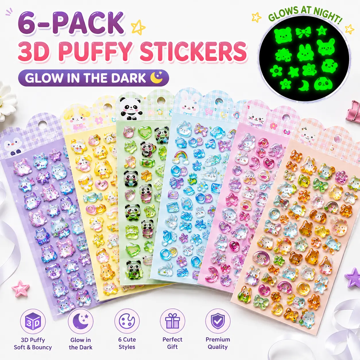 6-Pack Sticker Packs, Cute 3D Puffy Glow-in-the-Dark Cartoon Stickers for Scrapbooking, Phone Cases & DIY Crafts, Cute Stickers
