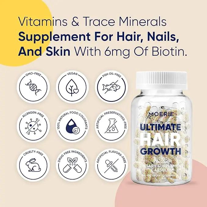 Moerie Ultimate Hair Growth Supplement with Biotin & Minerals for Women & Men - 60 Capsules for Thicker Hair - US Formulated Vitamins for Hair Skin & Nails