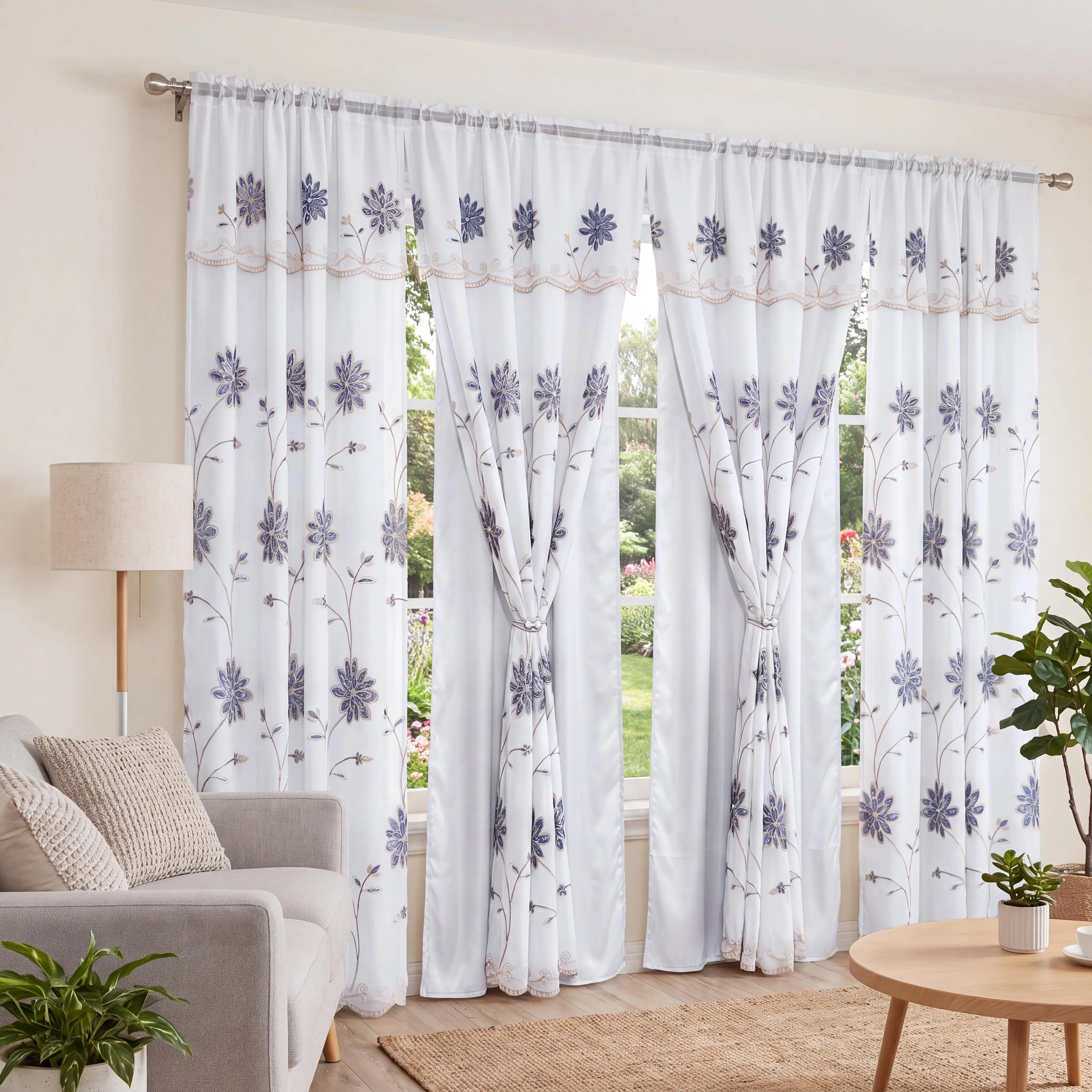 European Style Vintage Polyester Doli Curtains (QF36) - 4 Pcs 52x84 in, Double-Layer with Waterfall Valance & Rod Pocket, Low Iron Household Textile, Decor for Living Room & Bedroom