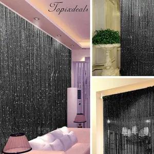 Black Curtains,Door Fringe Curtain,Door Curtains,Rare Flat Silver Ribbon,Thread Fringe Window Panel Room Divider Cute Strip Tassel Party Events(2 Pack, Black)