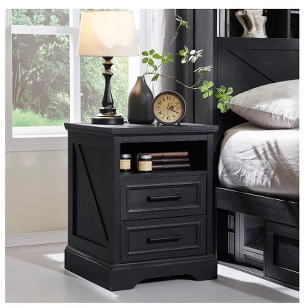 Farmhouse End Table with Charging Station, 18" W x 23" H Wood Side Table with Drawers & Storage Shelf, Sofa Side Table with Outlets USB Type-C for Living Room Bedroom