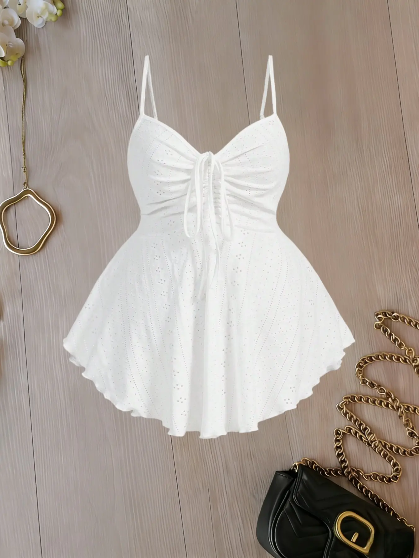 Plus Size Hollow Out Knit Tank Top, Spaghetti Strap, Casual Flattering Sleeveless, Casual Elegant Sleeveless, Fitted, Drawstring Waist Adjustable Cinched Hem, Leaf Hem Design, Casual Summer Wear, Breathable Summer Top, Summer Tops Trendy, Women's Fashion