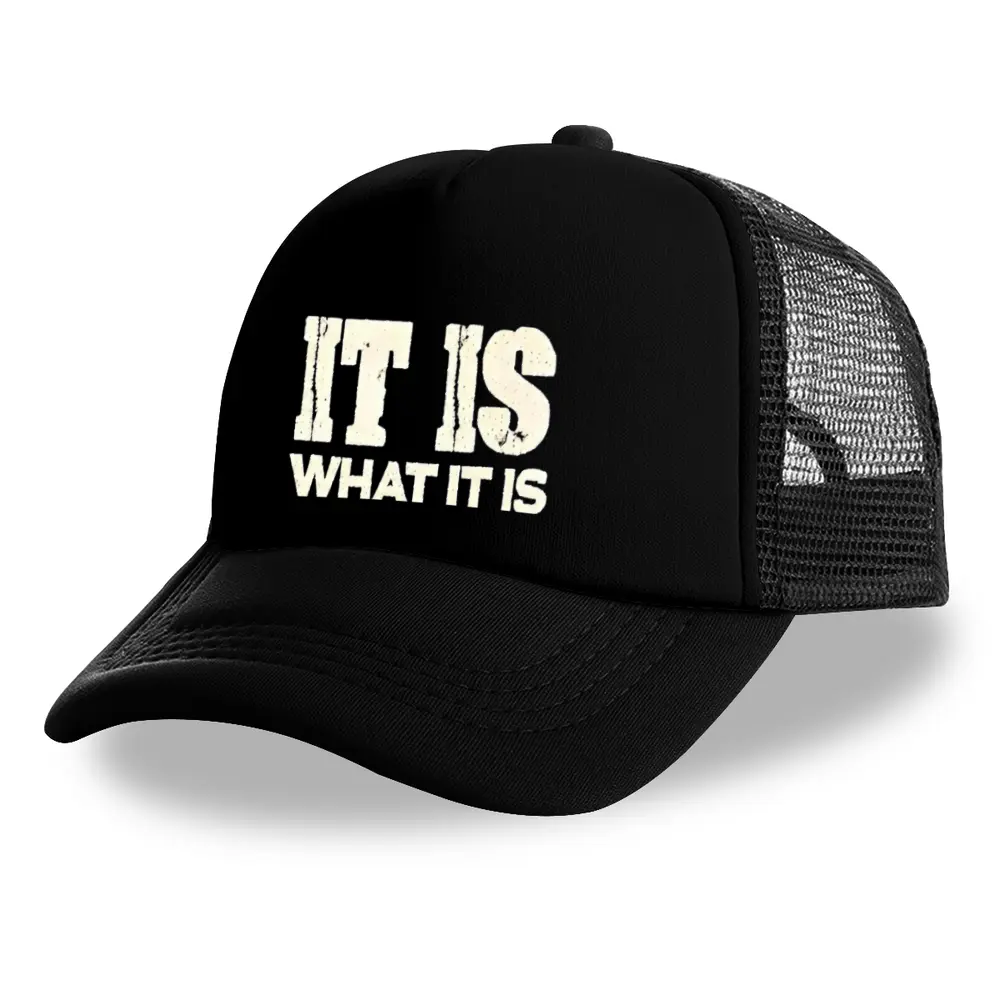 Trendy It Is What It Is Statement Trucker Hat, Vintage Distressed Letter Graphic Breathable Mesh Baseball Cap, Adjustable Snapback Summer Mesh Hat, Perfect Casual Gift For Outdoor Lovers, Fishing Enthusiasts, Streetwear Fans & Life Attitude Lovers