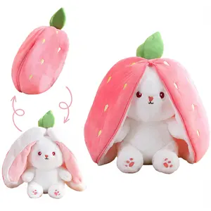 Strawberry Rabbit Plush Toys 13.8", Strawberry Bunny Transformed Rabbit Plush Zipper, Bunny Pillow Easter Doll with Zipper for Kids Birthday Gifts