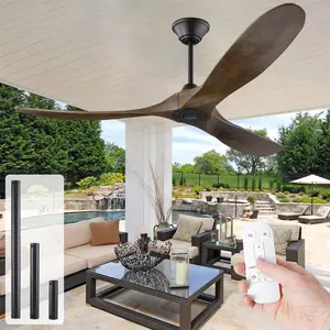 52/60/70 Inch Ceiling Fan Without Light, Ceiling Fan No Light with Remote Control, 3 Carved Solid Wood Blades, 6-Speed Reversible DC Motor, Indoor Outdoor Fans for Patios Living Room Bedroom Kitchen, Dark Walnut/Matte Black