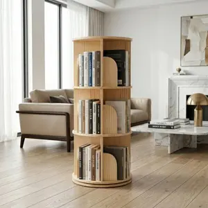 3-Tier 360° Spinning Design Modern Wooden Floor Standing Bookcase - Bookshelf Organization, Space-Saving Stable Round Storage Display Shelf for Study, Living Room Commercial Furniture