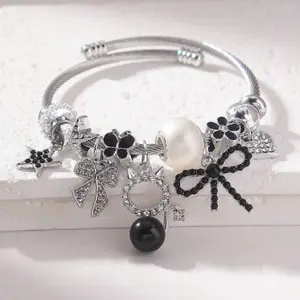 Mother's Day Gift  1 pc Elegant Crystal & Faux Pearl Cat Bow Beaded Stainless Steel Bracelet for Women – Perfect for Parties