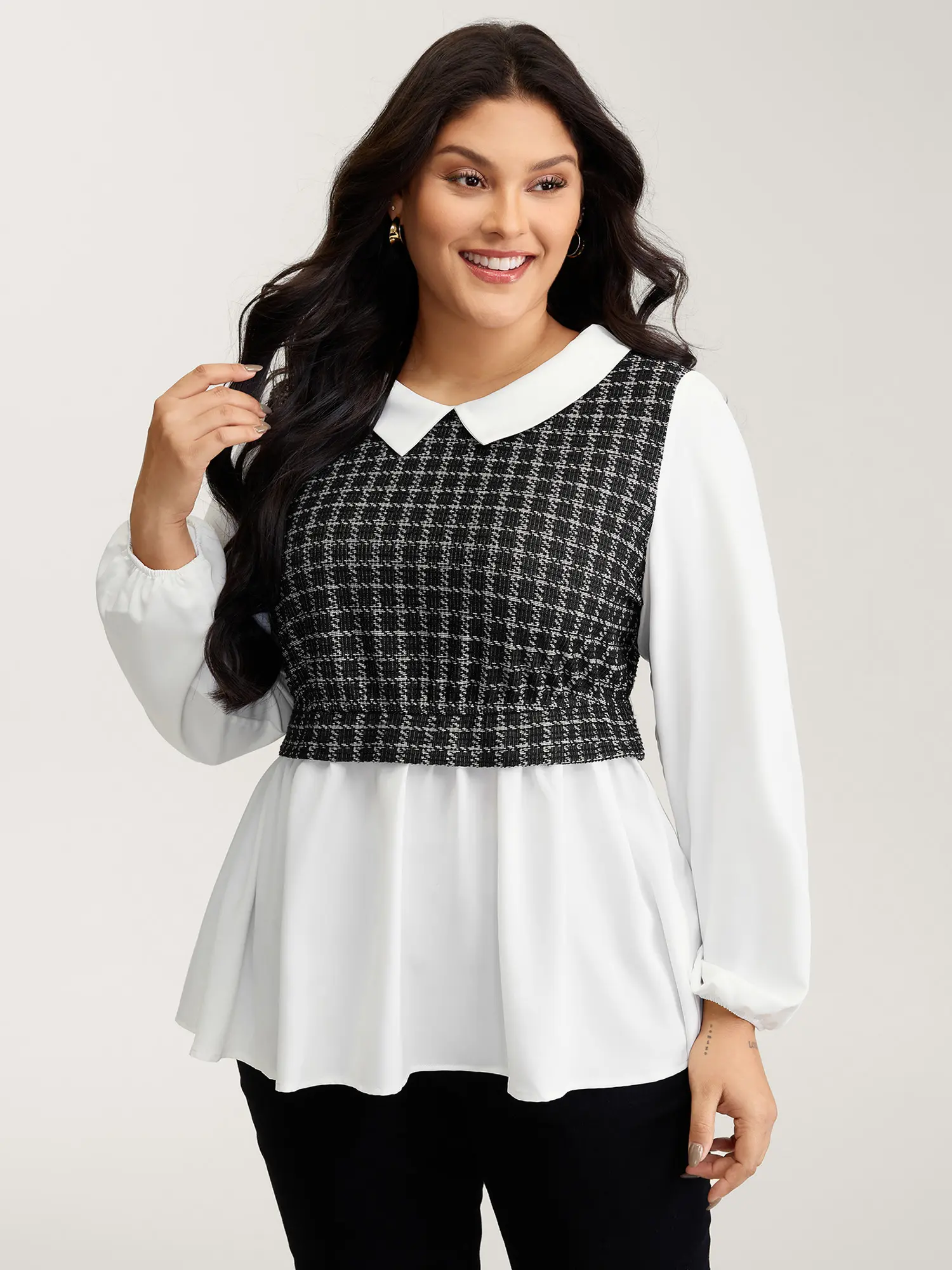 BloomChic Women's Plus Size Bodycon Houndstooth Color Contrast Blouse - Polyester Smooth Fabric, Long Sleeve, Summer Turn-Up Neck-Lengthening Tops, M-6X Sizes,  Summerfinds Shirts Womenswear