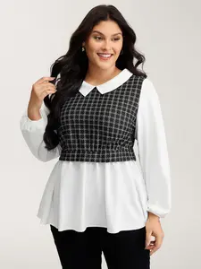 【Summer Turn-Up】【Neck-Lengthening】BlOOMCHIC Plus Size Women's Houndstooth Color Contrast Blouse [1x-6x] 2026 Summer Pick for Mother's Day