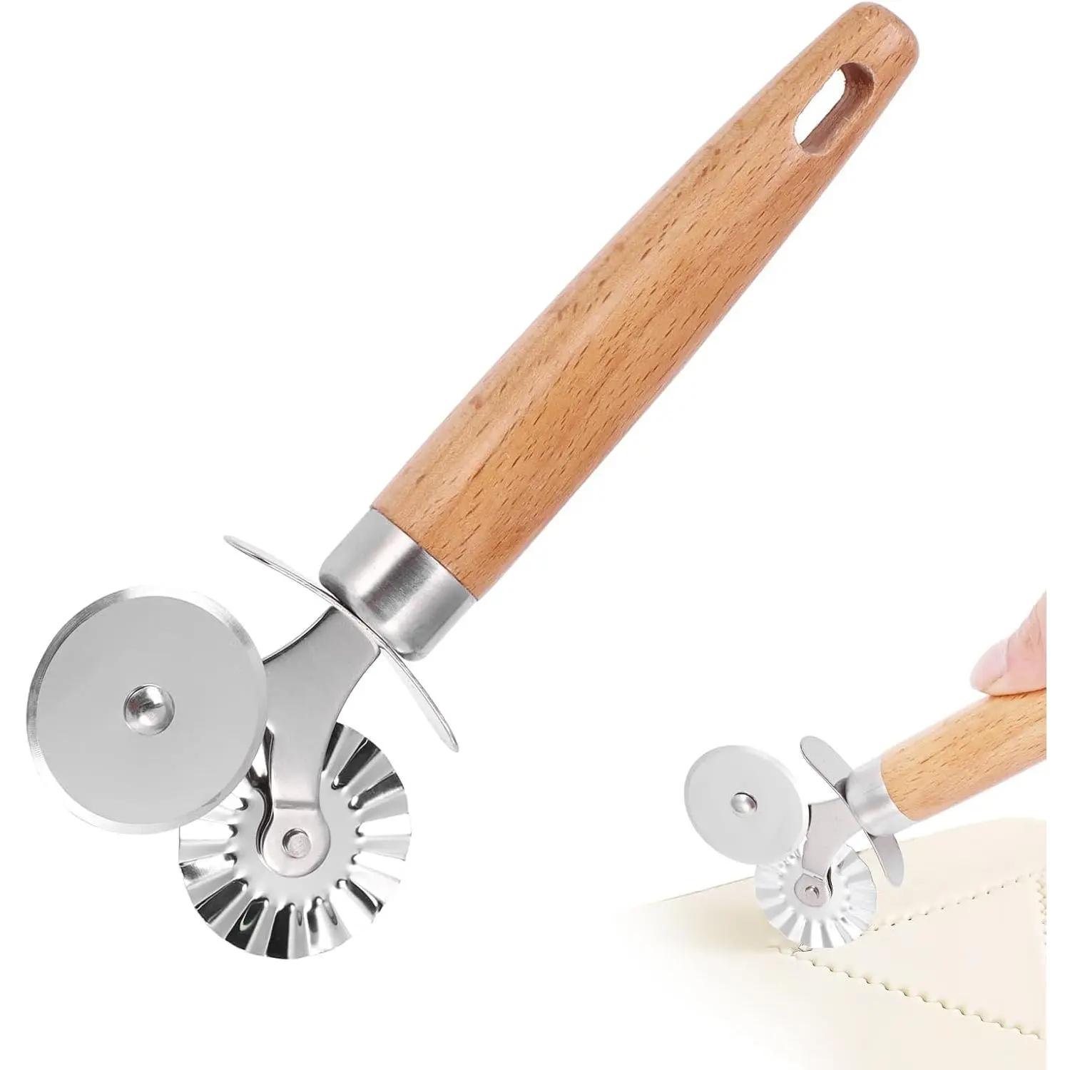 Pastry  Wheel, Ravioli  Wheel with Long Wooden Handle, Pasta  Dumpling Lace Making Noodle Ruffled Edge Cookies Pie  Kitchen Dough  Tool (Dual Wheel)