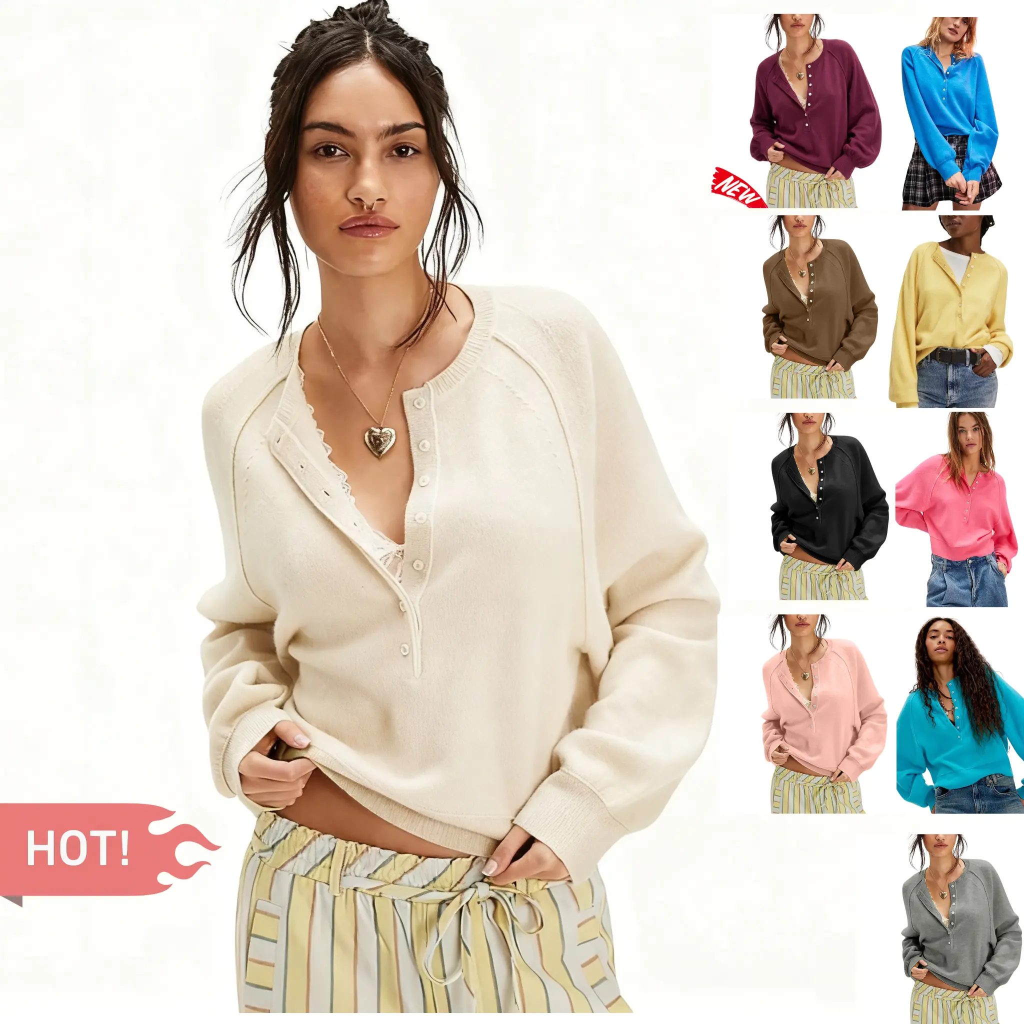 UANEO Womens Long Sleeve Kinitting Sweater Tops Half Button Sweaters Henley Neckline Casual Lightweight Solid Pullover Knitting