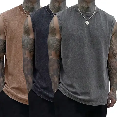 Men's Retro Loose Round Neck Tank Tops (Pack of 3) - 230g Heavy Plain Menswear, Soft 100% Cotton, Retro Vibe, Modern Wear, Hangable, Skin-Friendly, Easy Care, Machine Washable Summer Everyday Apparel