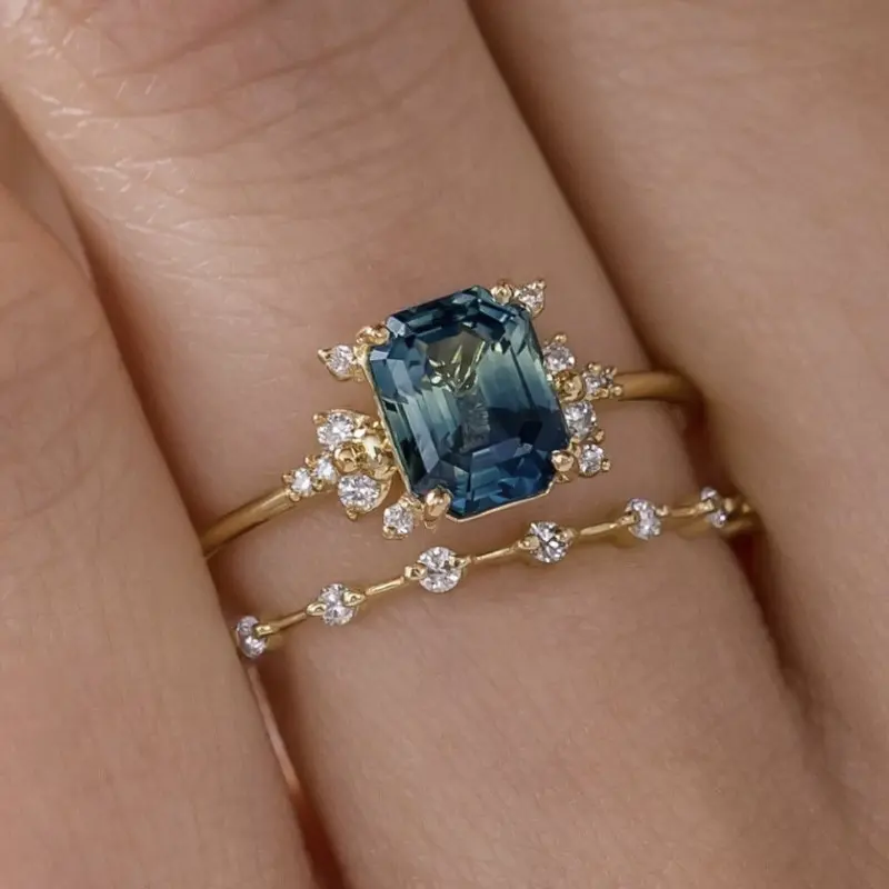 Women's 2-Piece Elegant Stacking Rings Set - Water Zirconia Rectangle Gemstone Accents Wedding Rings for Women, Wedding Ring Sets
