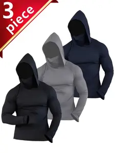 3pc Men's Mixed Color Hooded Sports Shirts, Quick-Dry Windproof Long Sleeve, Includes Mask, Ideal for Outdoor Activities, Running, Fitness