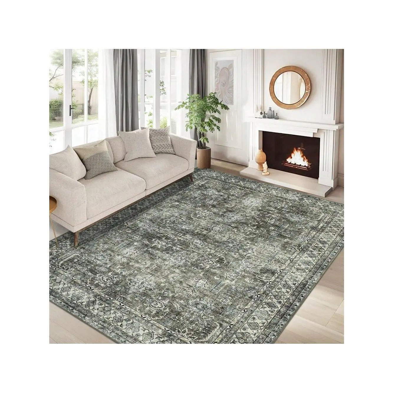 Brown green-9*12 feet  Vintage Machine Washable Area Rug For Living Room Non Slip Non Shedding Distressed Floral Print Neutral Carpet Low Pile Stain Resistant Indoor Foldable Floor Cover For Living Room Bedroom Kitchen Playroom Under Table