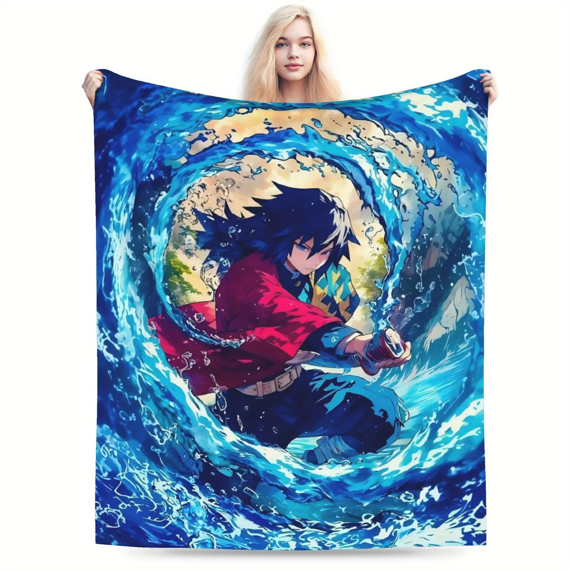 Giyu (2) Themed Ultra-Soft Flannel Blanket - Anime-Inspired Dynamic Character Design, Vibrant Mixed Colors, All-Season Cozy Throw for Home, Office, Travel - Perfect Christmas, Birthday & New Year Gift, Office Comfort, Artistic Pattern, Plush Tex 618