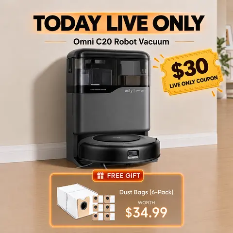 eufy Omni C20 Robot Vacuum and Mop Combo - 6N Automated Floor Cleaner with Self-Emptying, Auto-Washing, Drying, 3.35-in Ultra-Slim Body for Tight-Space Glide, 7000 Pa Powerful Suction, All-in-1 Station with Rolling & Side Brushes | Spingtok