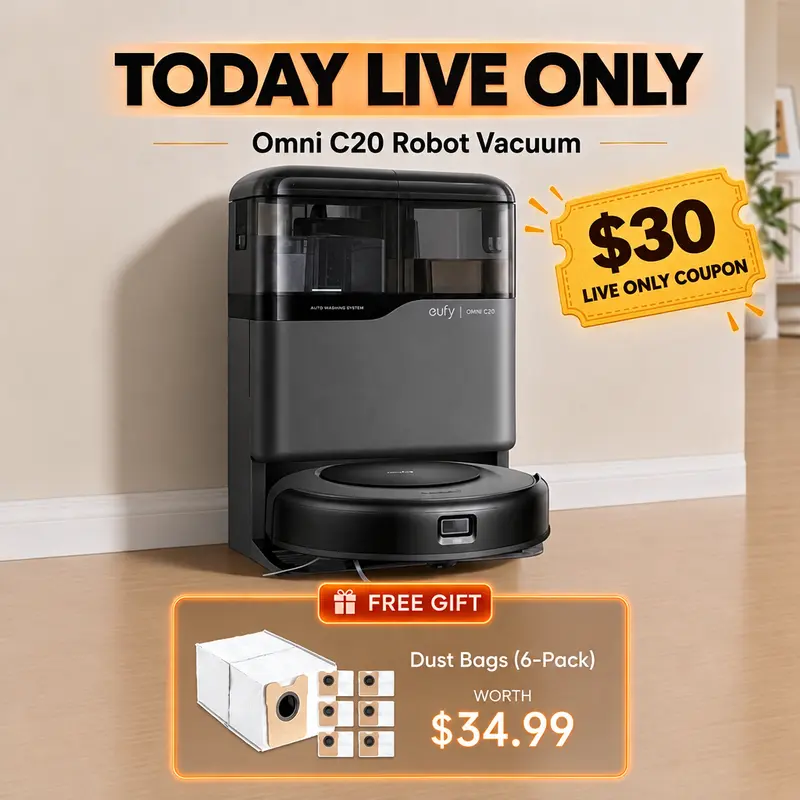 eufy Omni C20 Robot Vacuum and Mop Combo - 6N Automated Floor Cleaner with Self-Emptying, Auto-Washing, Drying, 3.35-in Ultra-Slim Body for Tight-Space Glide, 7000 Pa Powerful Suction, All-in-1 Station with Rolling & Side Brushes | Spingtok