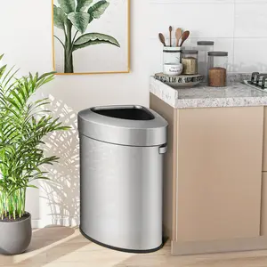 COSTWAY - 60L Stainless Corner Steel Trash Bin with Lid and Anti-slip Bottom-Silver