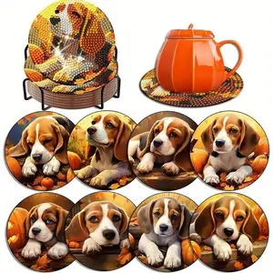 8-Piece Diamond Painted Coaster Set Animal Dog Pattern with Stand, DIY Diamond Art Craft Kit for Beginners, Home Decoration Gift
