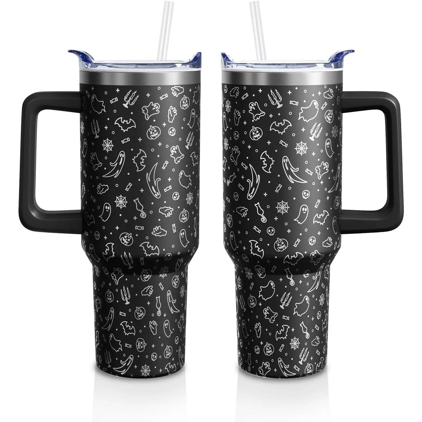 Spooky Theme BPA-Free Stainless Steel Insulated Water Bottle - 40 fl oz/1000ml, Ghost Print, Bat & Black Engraved Designs, Portable Kitchenware Drinkware Flask with Handle, Straw & Lid, Beverage Mug Halloween Gift for Women
