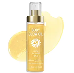 Body Glow Oil, Sunscreen Shimmer Oil, SPF 45 Broad Spectrum, Body Oil with with Coconut Oils, Moisturizing Glow for Face & Body, Liquid Illuminator Highlighter, Water Resistant, 3.72 fl oz (#1 GOLD)