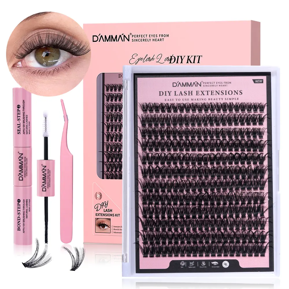 DAMMAN 50D DIY Lash Kit - Full Set with Individual & Cluster Lashes, Lash Bond & Seal - Waterproof, Reusable, Comfortable, Long Lasting