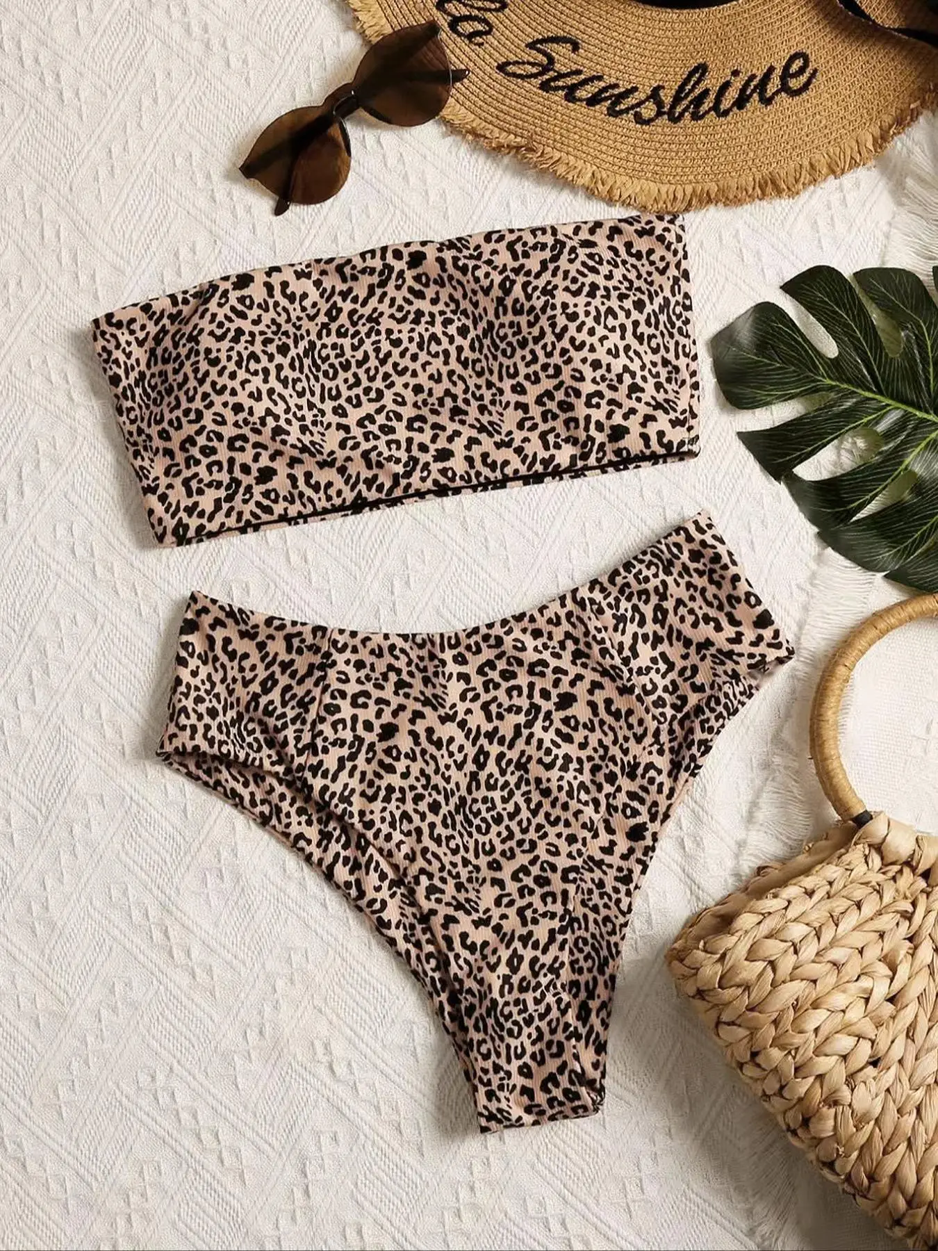 Women's 2pcs Sexy Leopard Print Bikini Set, Bandeau Swim Top & High Cut Swim Bottom, Casual Summer Beach Swimwear