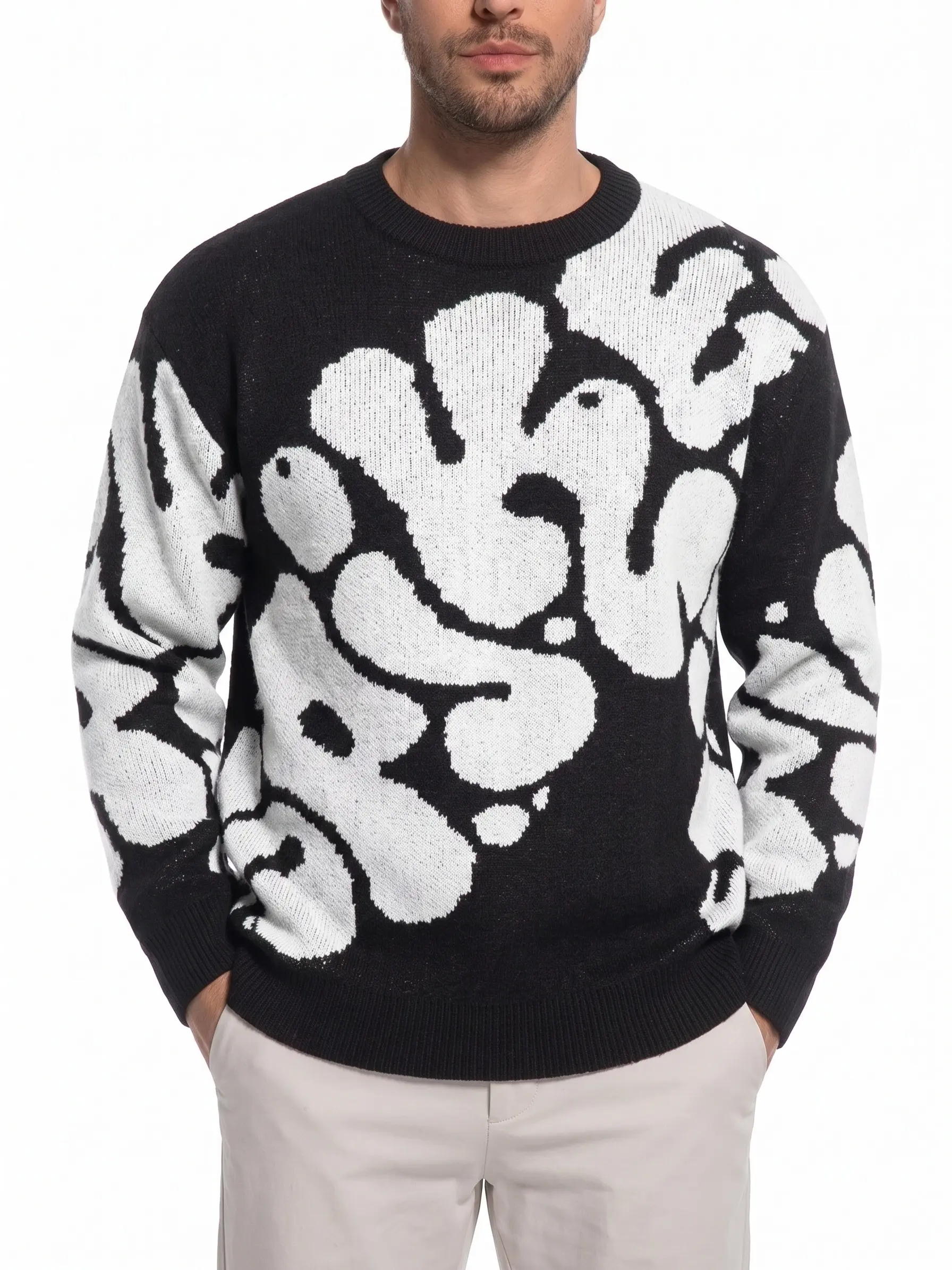 Men’s Abstract Face Knit Sweater, Black White Graphic Crewneck Pullover for Y2K Streetwear Casual Fall Winter Outfits Crewneck Motocross Knitwear Menswear