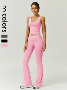 Two-piece Set Women's Contrast Binding Crop Top & Flare Leg Pants Sportswear Set, Sporty Casual Breathable Clothing Set for Yoga Gym Workout Running, Ladies Summer Sportswear, Yoga Tracksuit Set