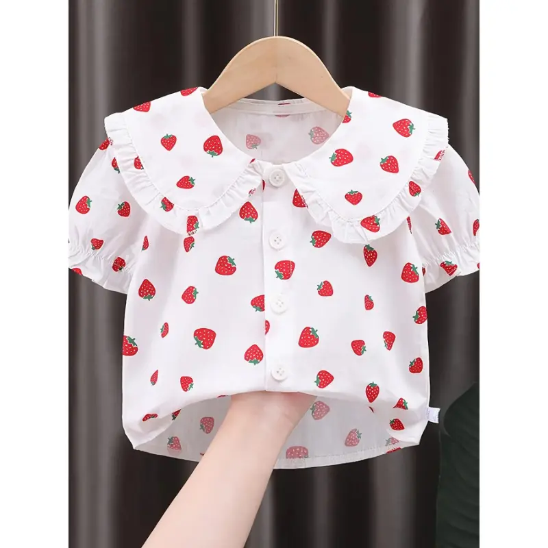 Baby Girls' Cute Doll Collar Blouse with Random Print, 100% Cotton Cable Knit, Short-Sleeve Loose Fit for Spring Summer, Ages 0-3 Years, Hand Wash