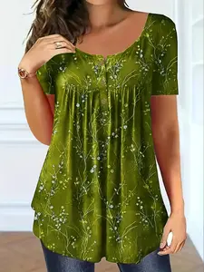 Women's Summer Floral Print Short Sleeve Top, Button Front Pleated Design, Plus Size, Casual Fashion, European and American Style, Blouse