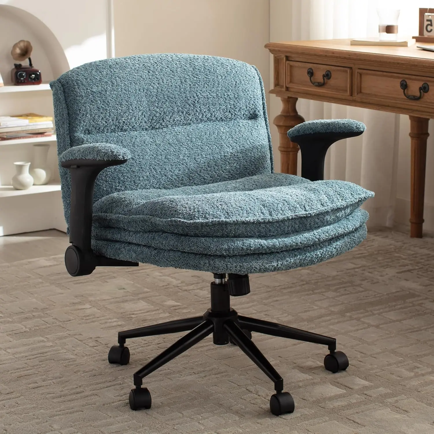 [DealsForYouDays] Extra Large Criss Cross Chair, Oversized Chair with Adjustable Flip-up Arms and Wheels, Comfort Ergonomic Office Desk Armchair with 3 Layer Cushions, Wide Seat Vanity Chair for Home Office, Living Room, Bedroom