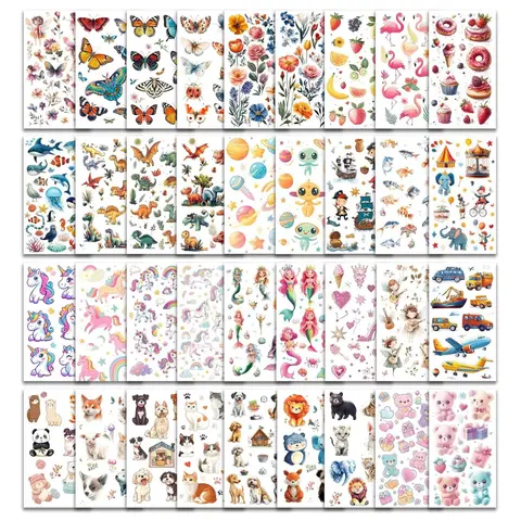 Kids' Sensitive Skin Waterproof Temporary Tattoo Stickers Set - 350+ Mixed Styles (37 Sheets) with Space, Dinosaur, Animal, Butterfly, Fairy, Mermaid, Circus, Flamingo, Unicorn, Robot, Fruit Designs - Birthday Party Gift, Fairies, Flamingos