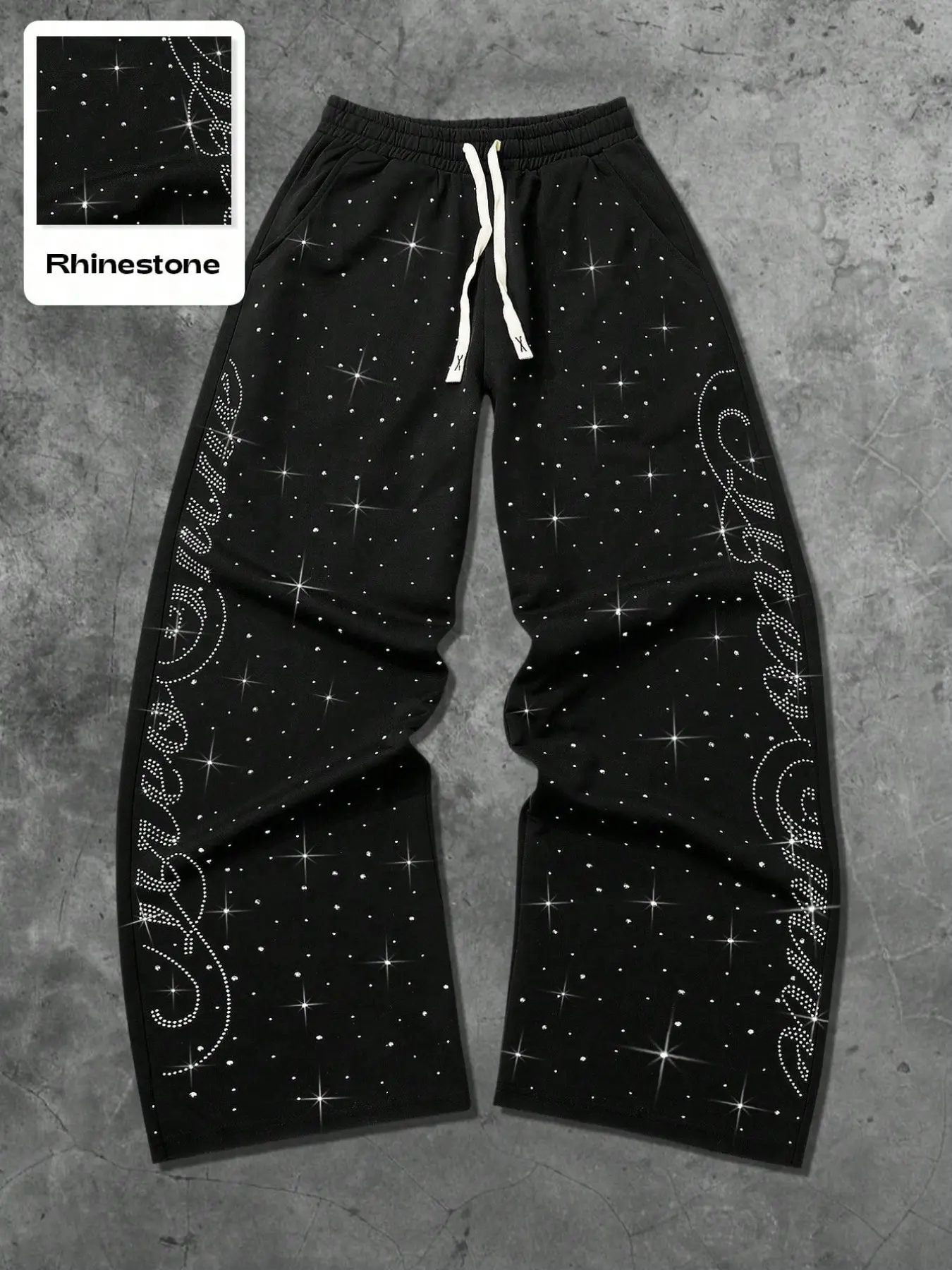 Y2K Cyber-Style Full Rhinestone Graphic Baggy Casual Sweatpants - Shimmering High-Waist Wide-Leg Joggers with Raw Hem - Perfect Bling Bling Streetwear for Music Festivals, Nightclubs & Aesthetic Street Style Athleisure Pants Casual Fashion Pants